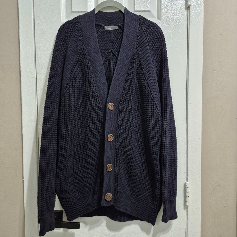 Men's Vince Navy Blue Waffle Knit Cardigan Sweater M
